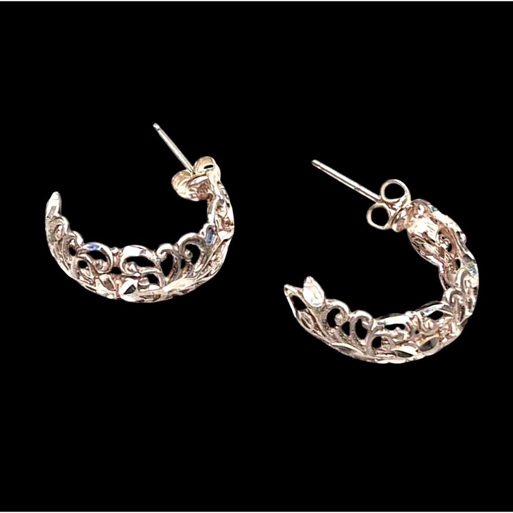 Vtg Avon 925 Sterling Silver Filigree Half Hoop Earrings Diamond Cut Scroll NEW